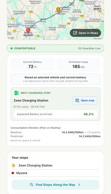 Wayvo EV Guardian guidance and Find Stops Along the Way