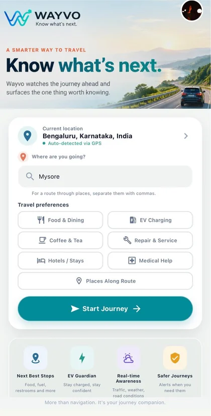 Wayvo destination and travel preferences screen
